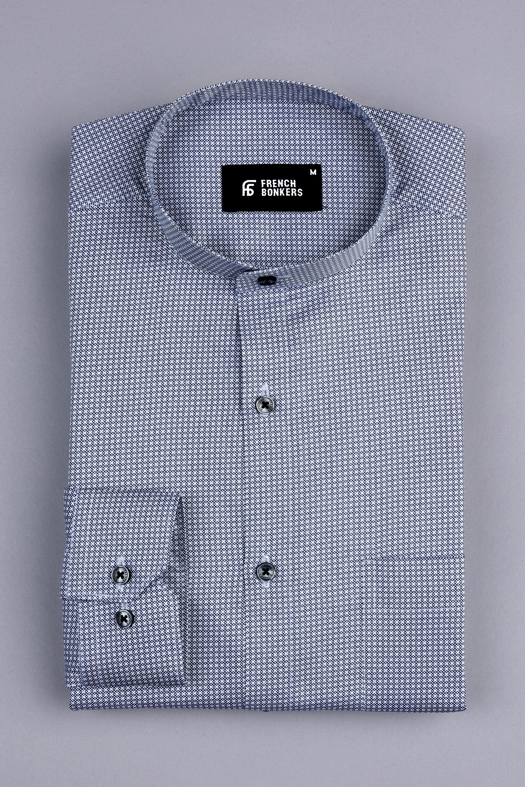White with navy blue geometrical printed satin shirt