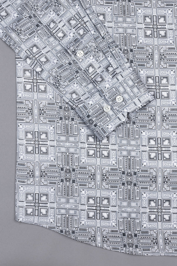 White with navy blue vintage ludo design printed satin shirt