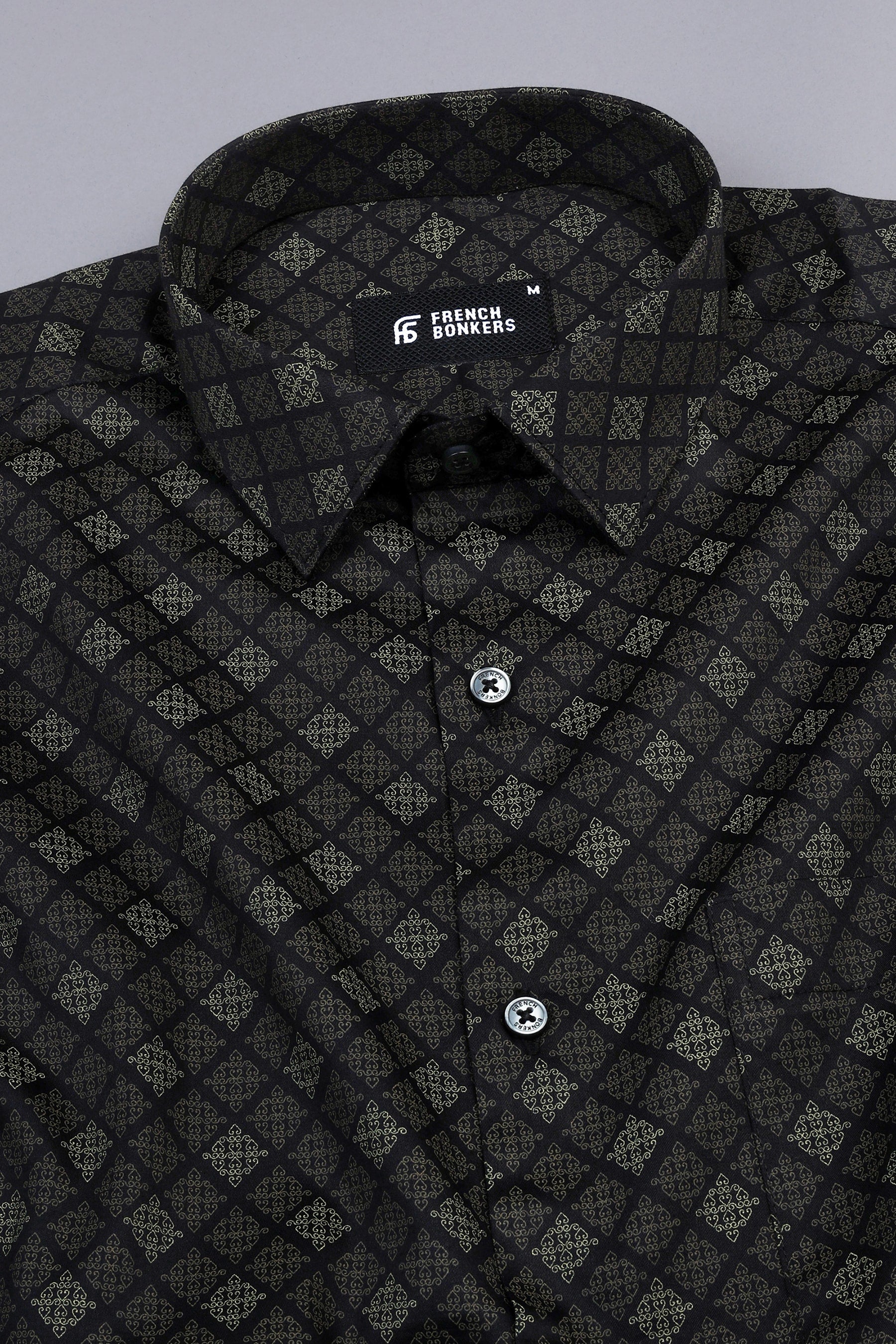 Black with cream geometrical printed satin shirt