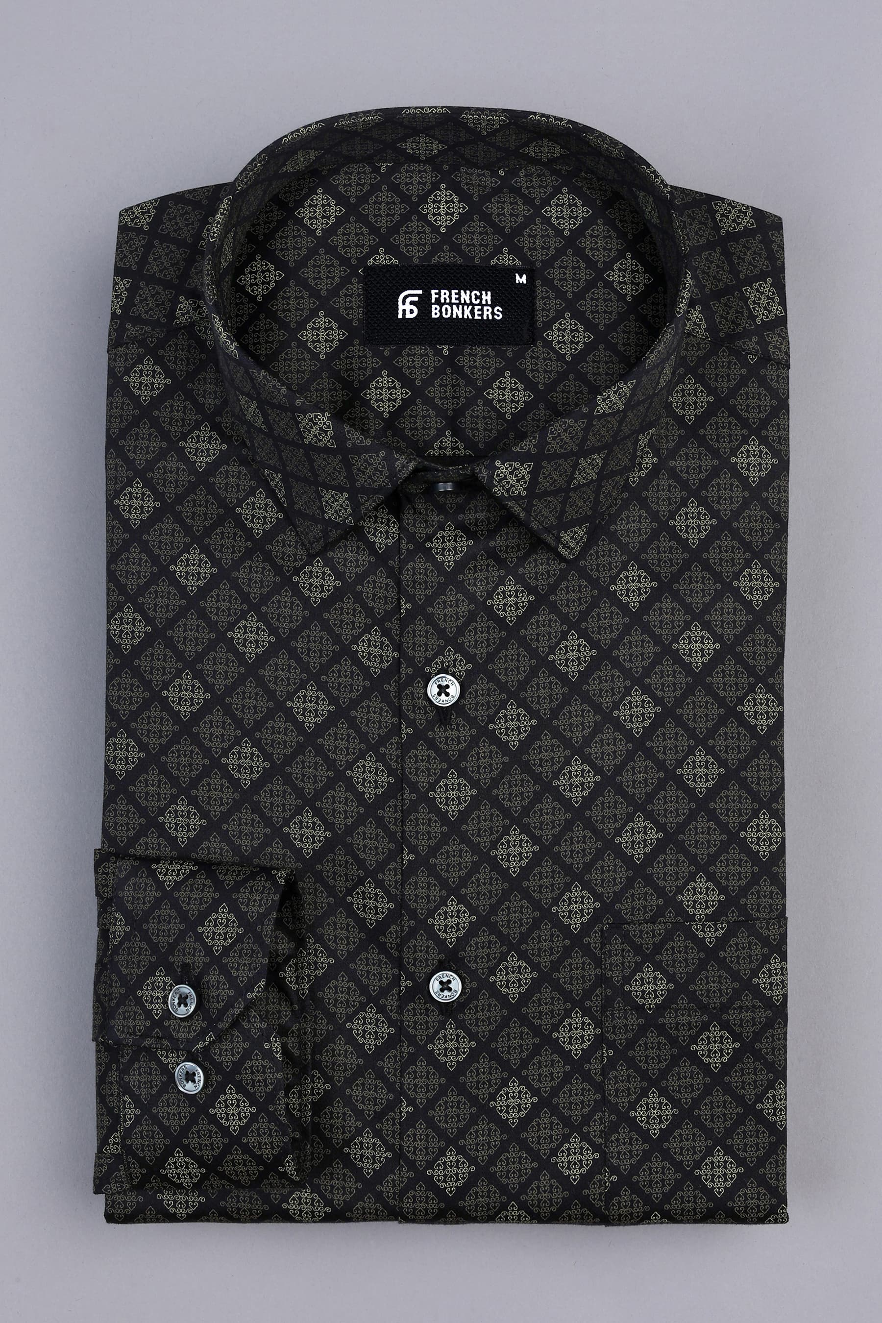 Black with cream geometrical printed satin shirt