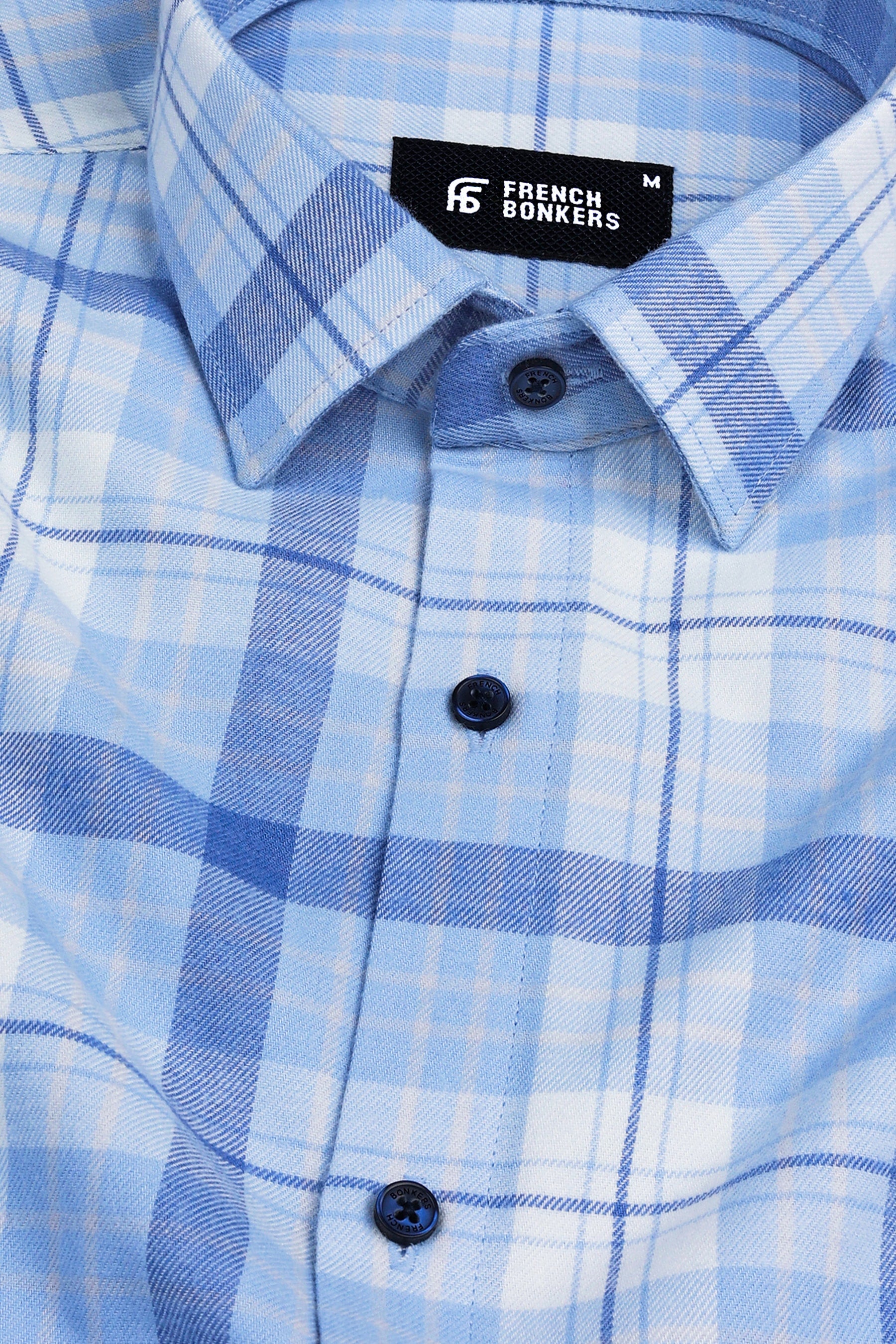 White with carolina blue and light yellow line twill check shirt