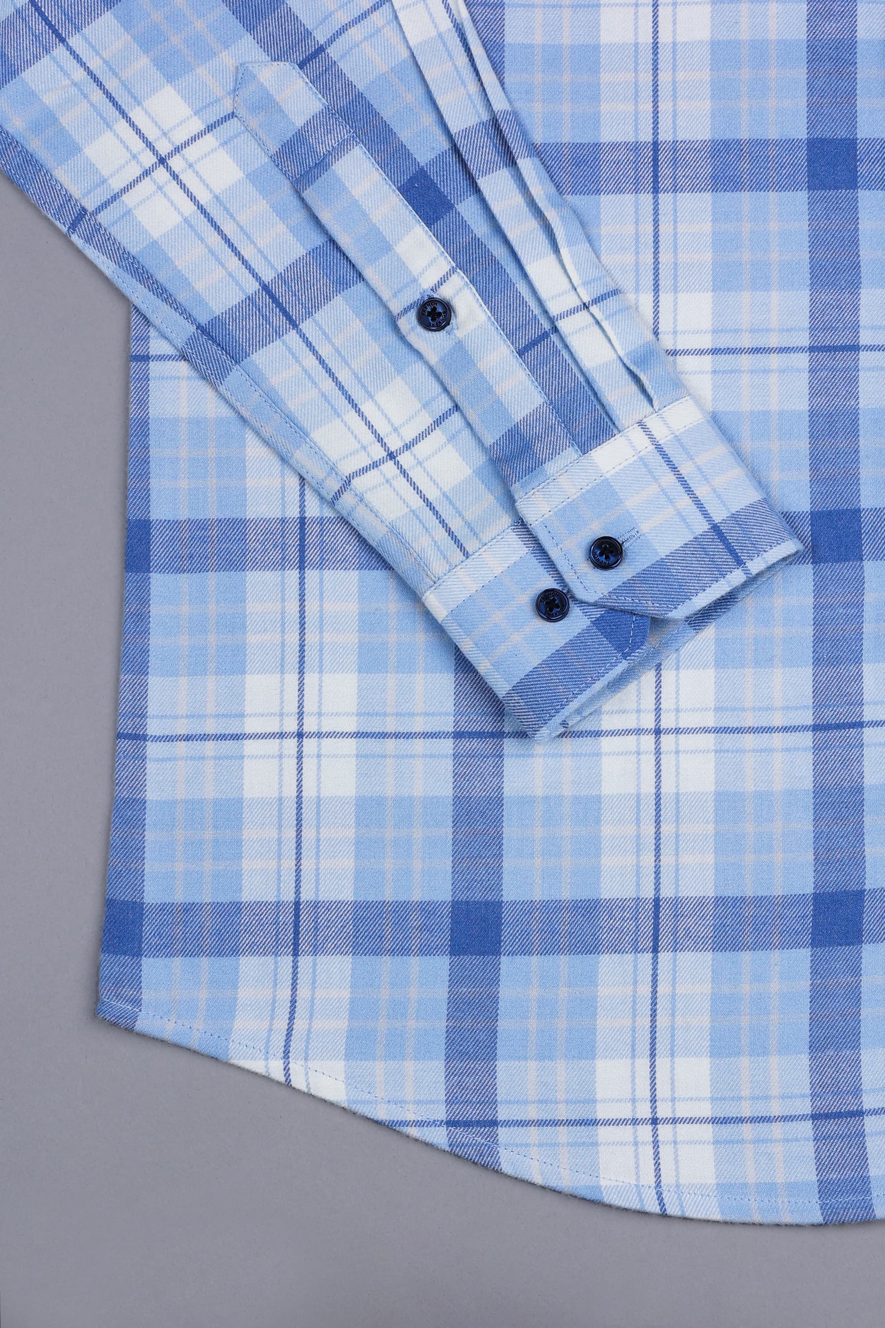 White with carolina blue and light yellow line twill check shirt