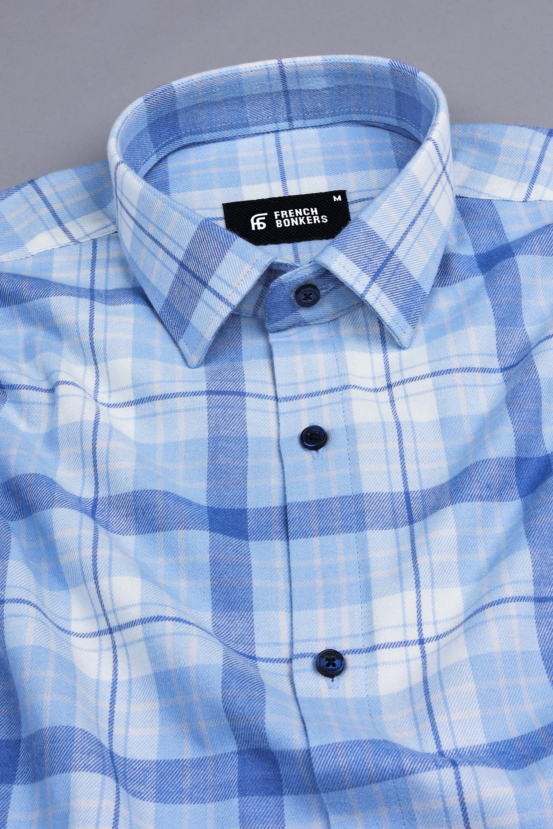 White with carolina blue and light yellow line twill check shirt