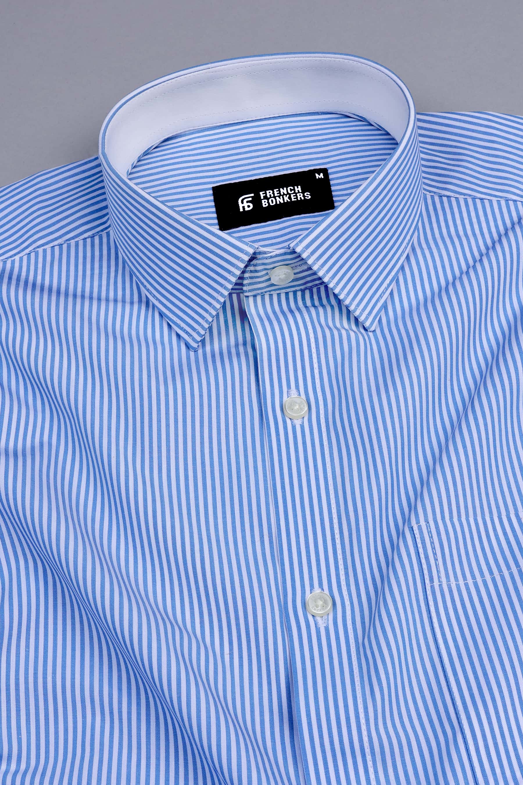 White with UN blue lines bengal stripe shirt