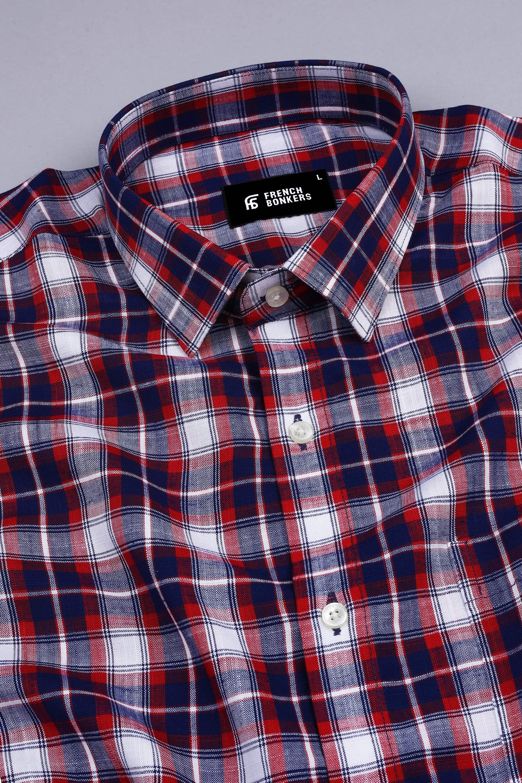 Red and White with Royal blue Line check shirt
