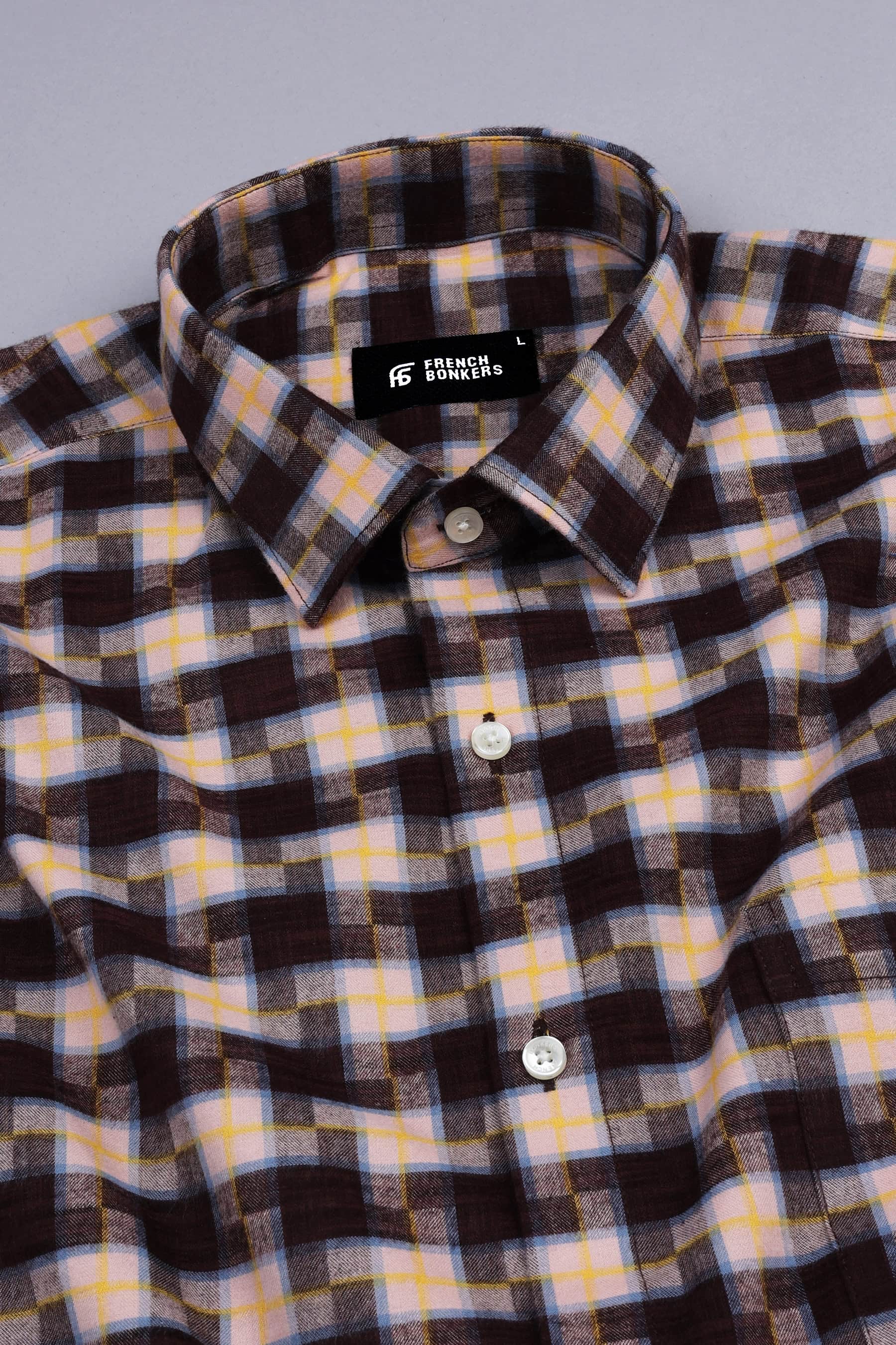 Dark Brown and Cream with yellow line windowpane check shirt