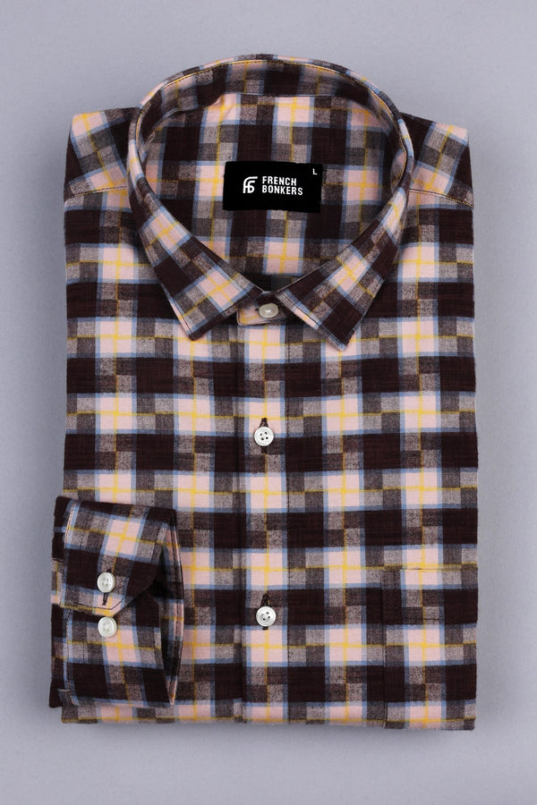 Dark Brown and Cream with yellow line windowpane check shirt