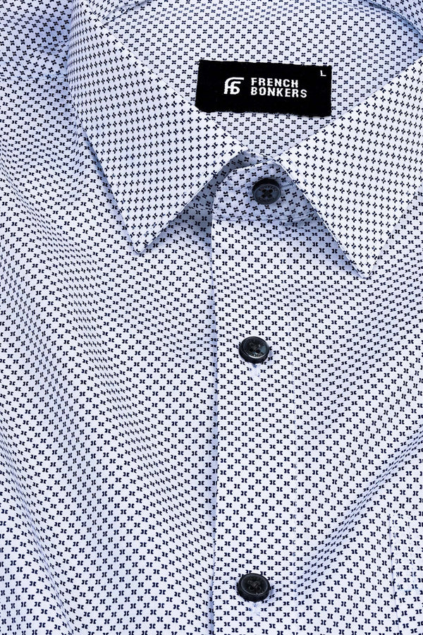 White with dark blue micro printed shirt