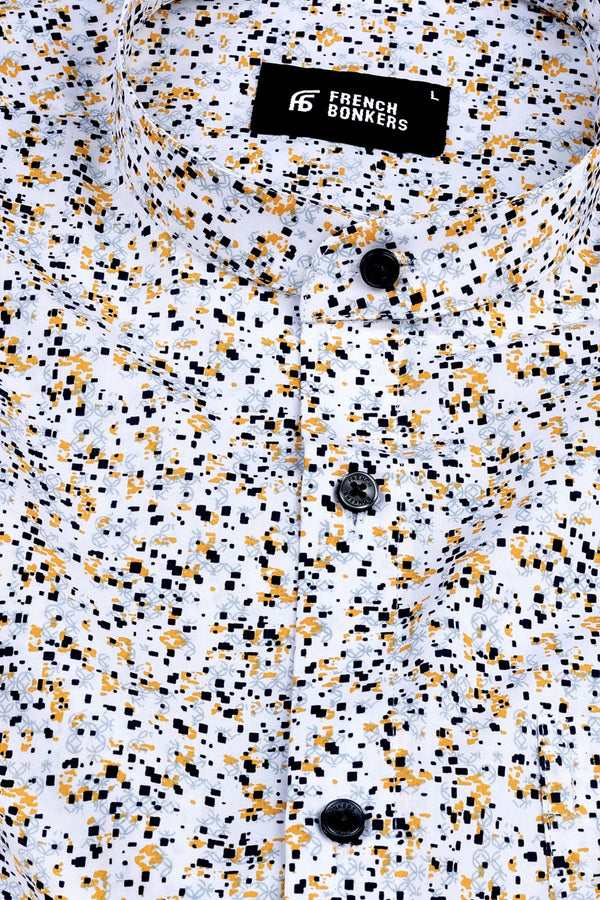 White with yellow and dark blue sprinkle printed shirt