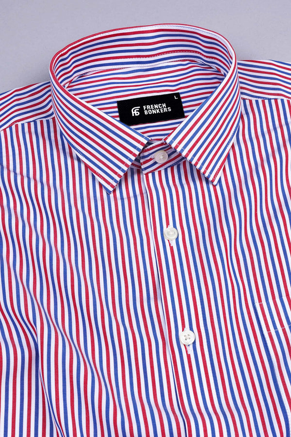 White with red and blue line bengal stripe shirt