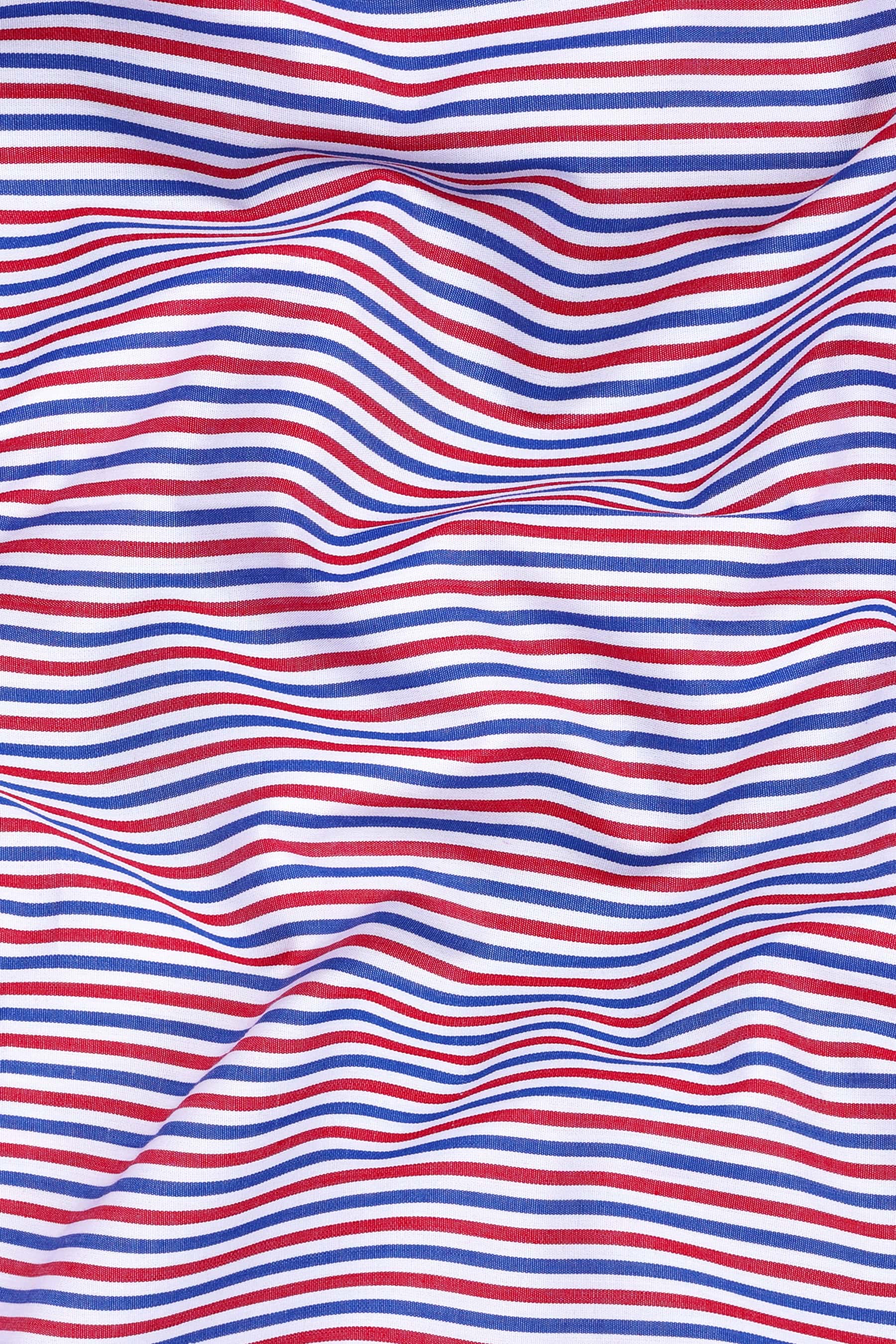 White with red and blue line bengal stripe shirt