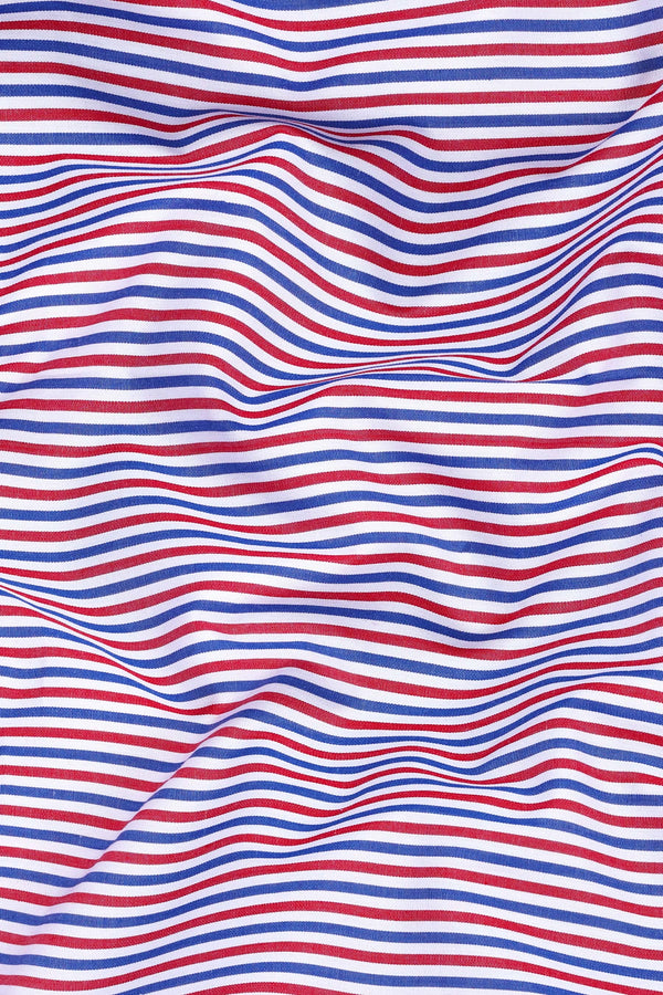 White with red and blue line bengal stripe shirt