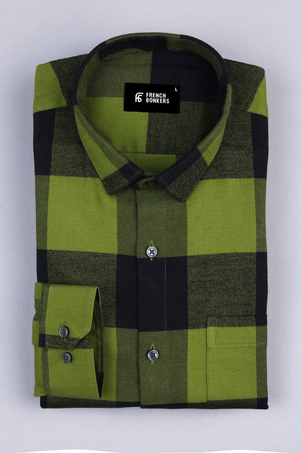 Light grass green with black twill texture windowpane Flannel check sh