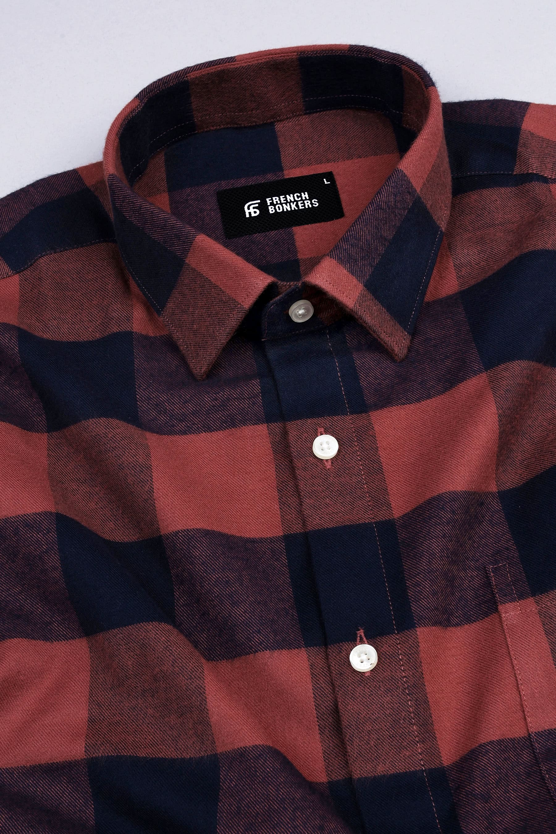 Tawny brown with dark blue twill texture windowpane Flannel check shirt