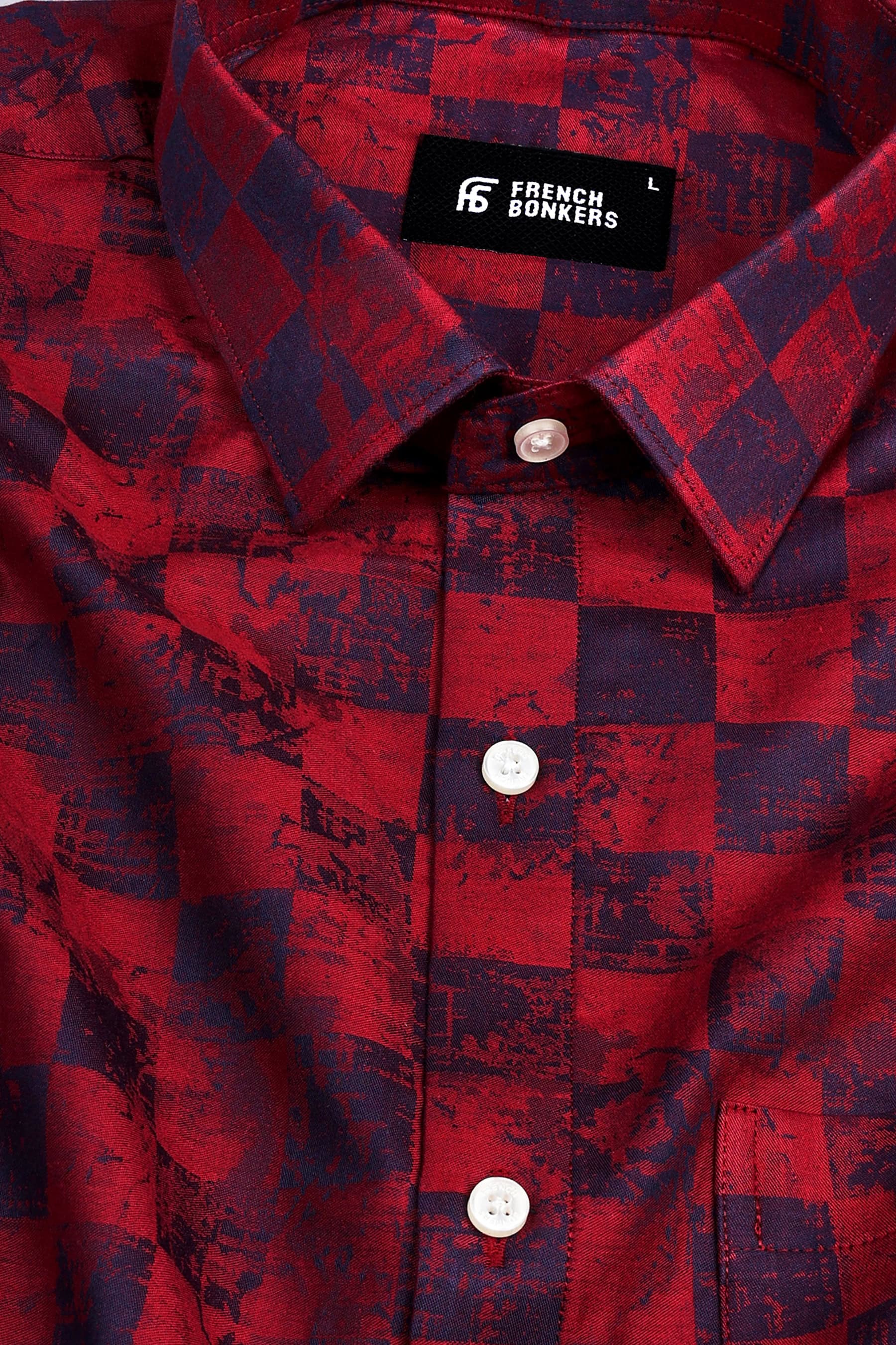 Ruby Red with dark blue jacquard printed shirt