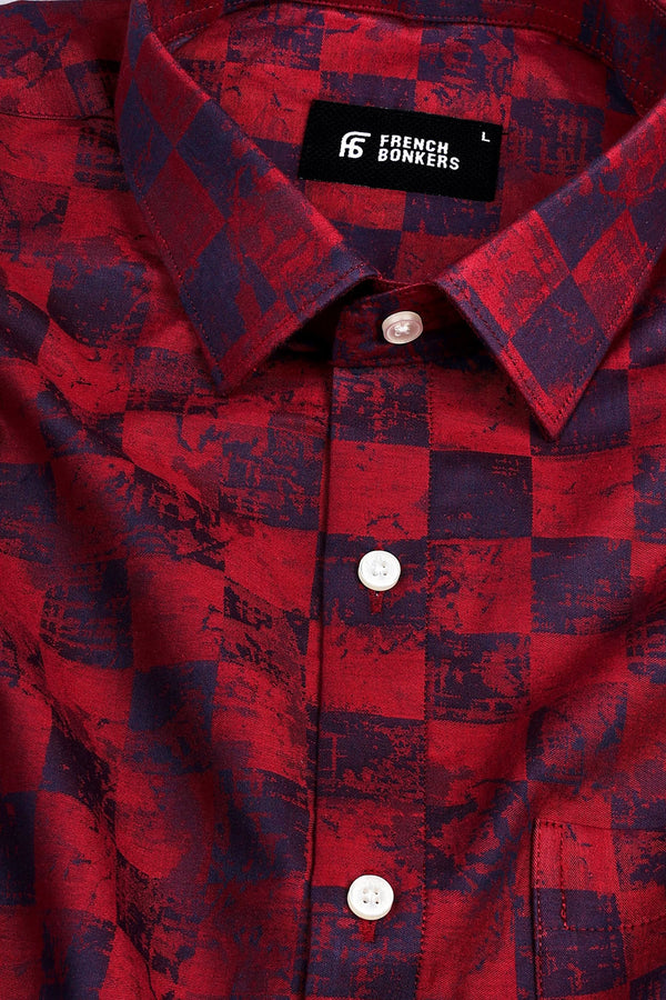 Ruby Red with dark blue jacquard printed shirt