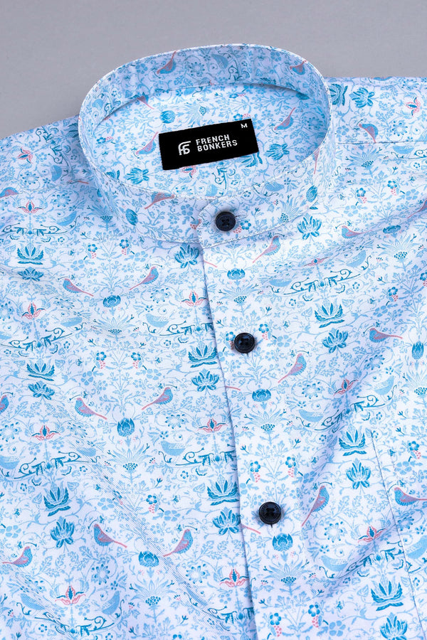 White with Dark and Light blue Lotus flower printed shirt