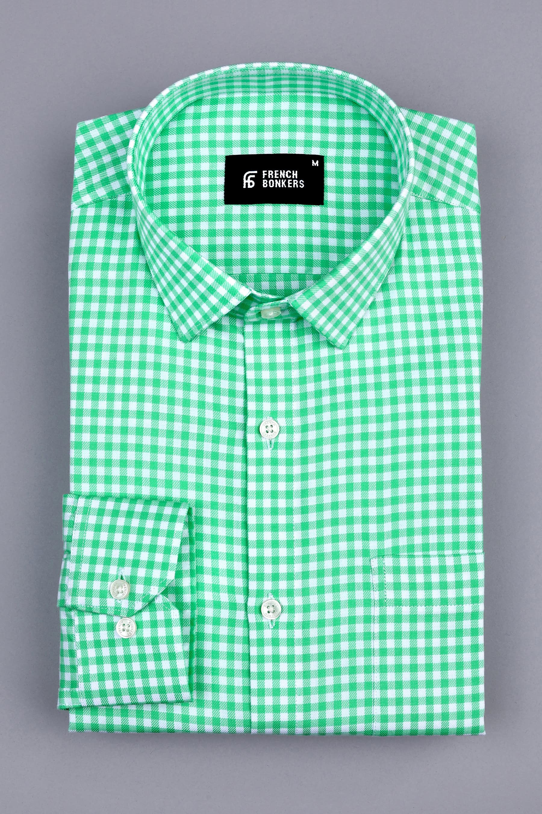Classic parrot green with white twill check shirt