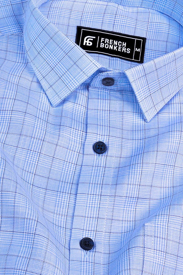 Blue and white with dark blue box check shirt