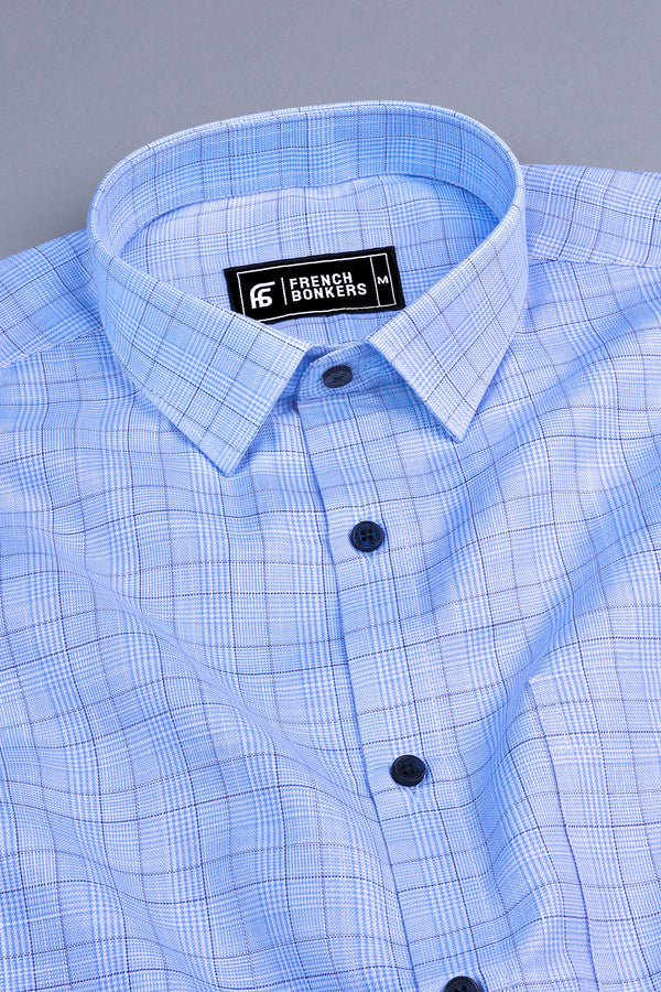 Blue and white with dark blue box check shirt