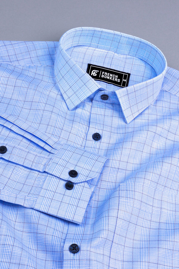 Blue and white with dark blue box check shirt