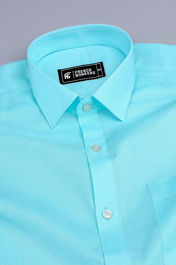 Shiny turquoise blue cotton linen shirt Shiny turquoise blue cotton linen shirt