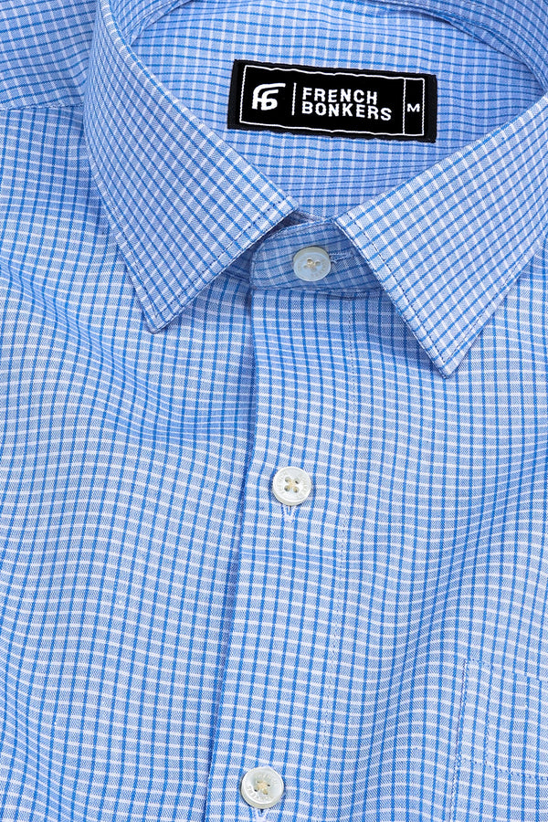 Sky blue with white and blue line check cotton shirt