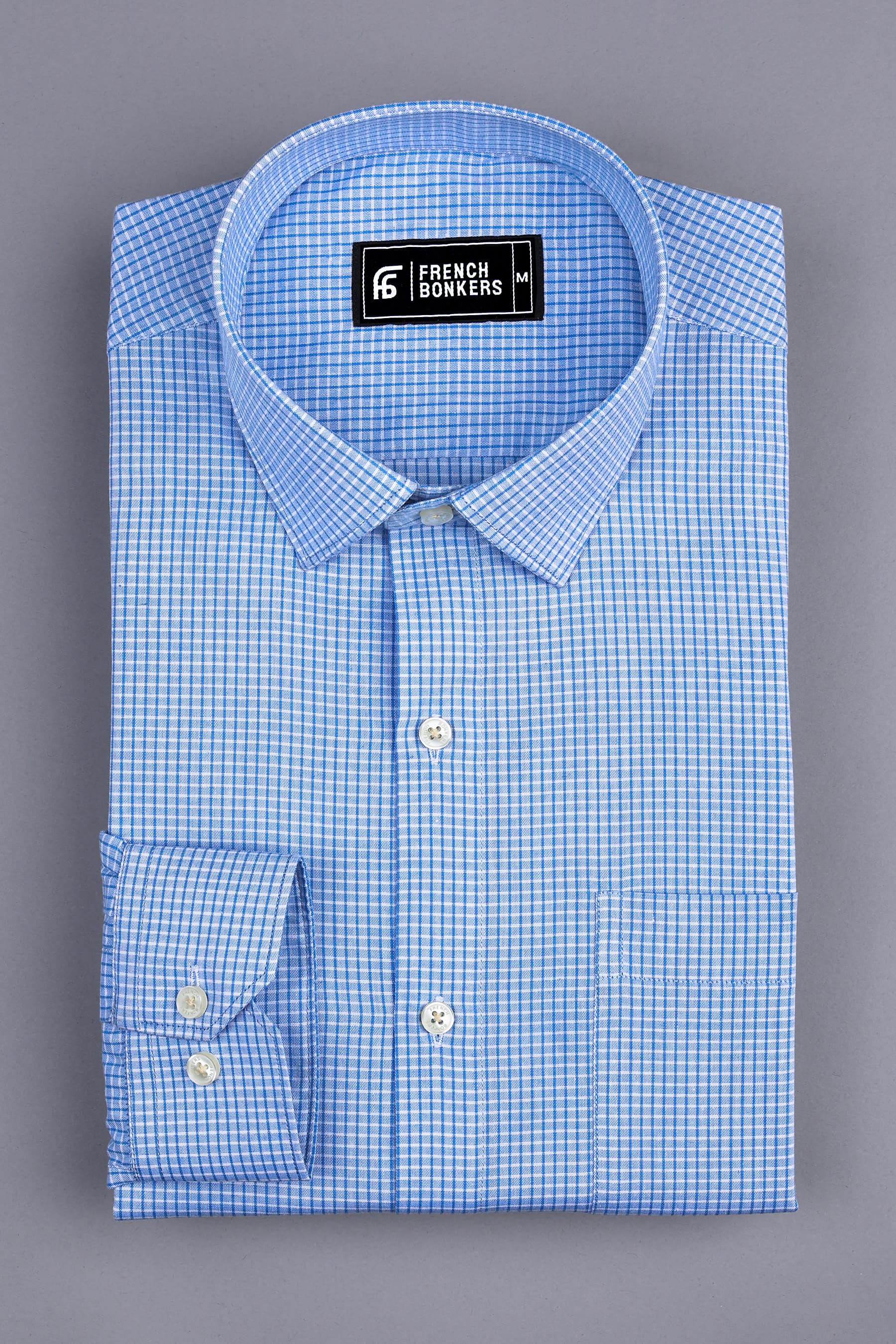 Sky blue with white and blue line check cotton shirt