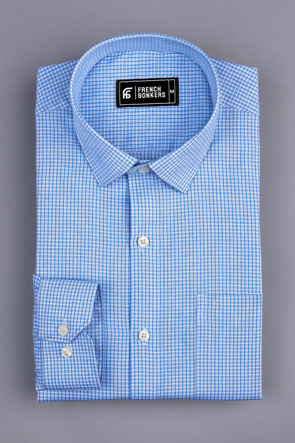 Sky blue with white and blue line check cotton shirt