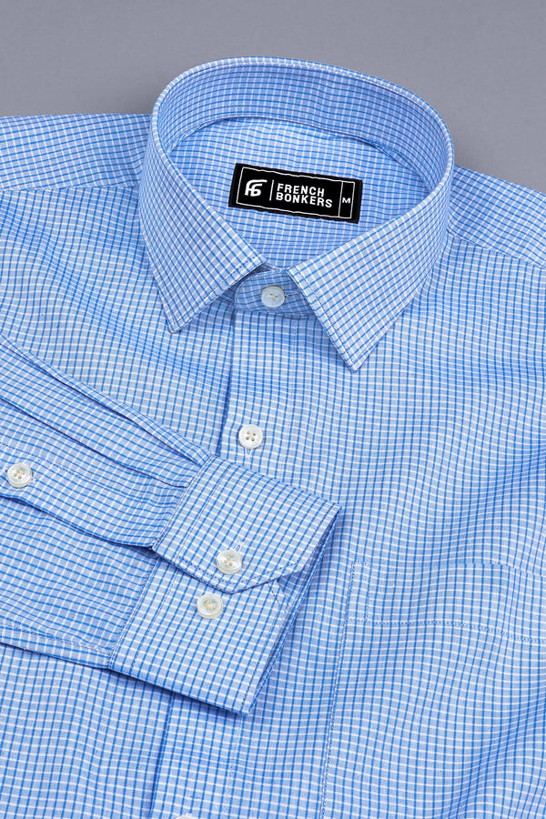Sky blue with white and blue line check cotton shirt