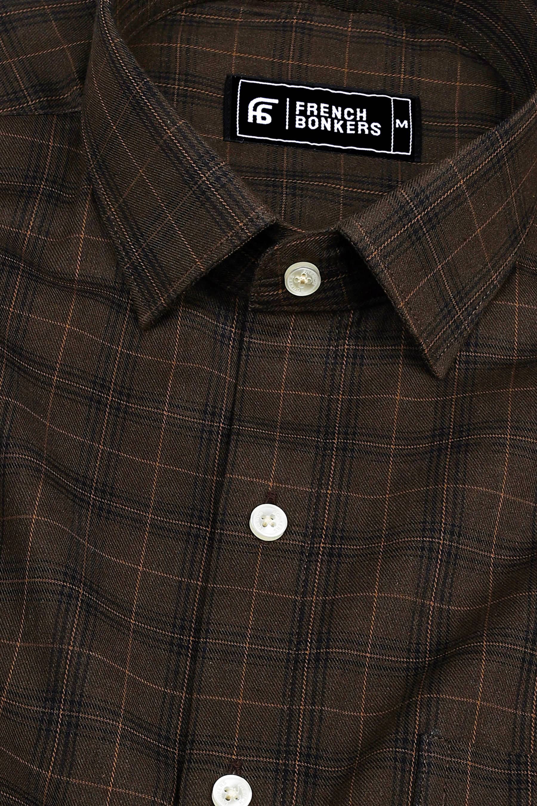 Dark brown with light brown line box check cotton shirt