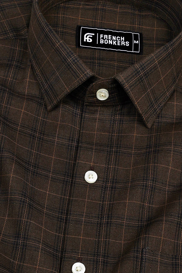 Dark brown with light brown line box check cotton shirt