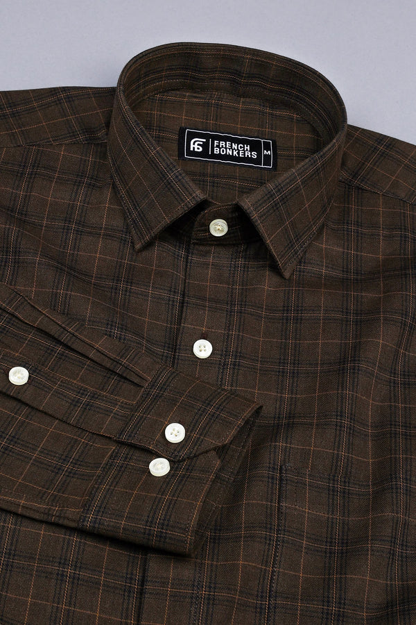 Dark brown with light brown line box check cotton shirt