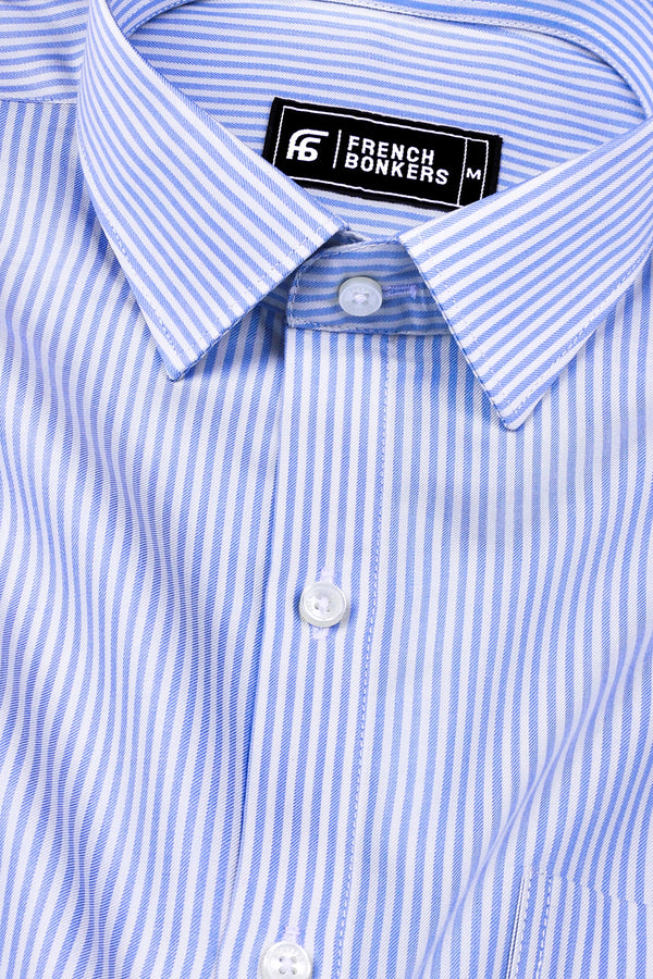 White with blue twill texture stripe cotton shirt