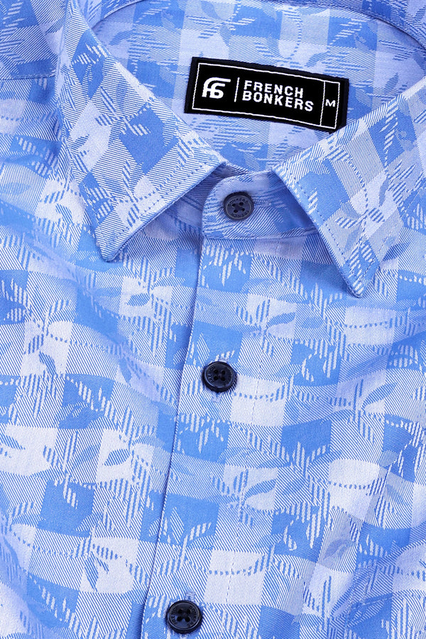 Blue floral printed jacquard cotton shirt
