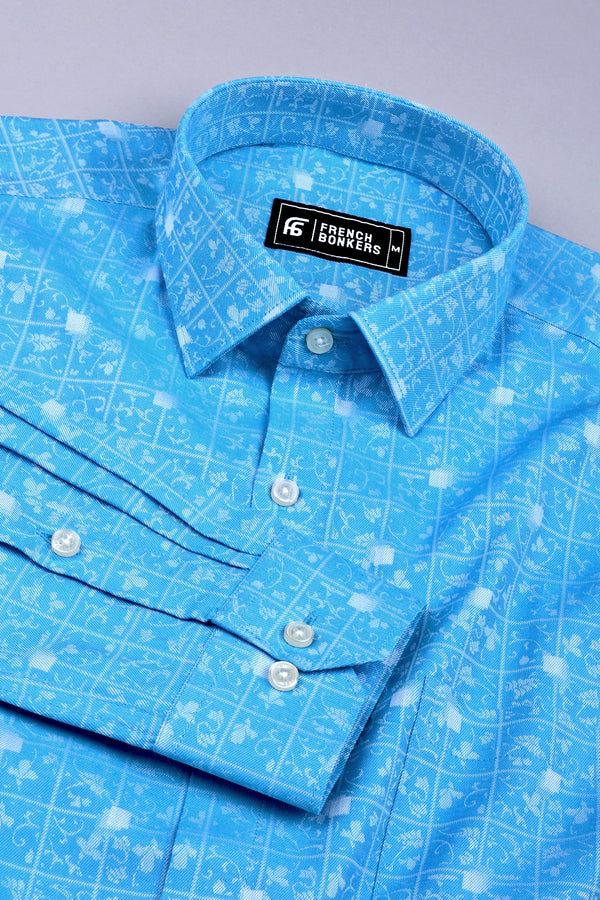 Tourquise blue floral printed jacquard cotton shirt