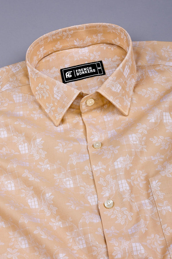 Brown floral printed jacquard  cotton shirt