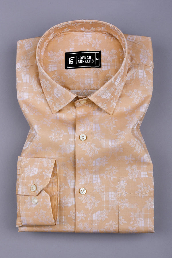 Brown floral printed jacquard  cotton shirt