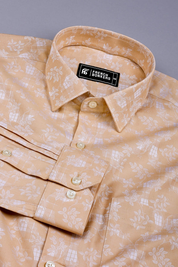 Brown floral printed jacquard  cotton shirt