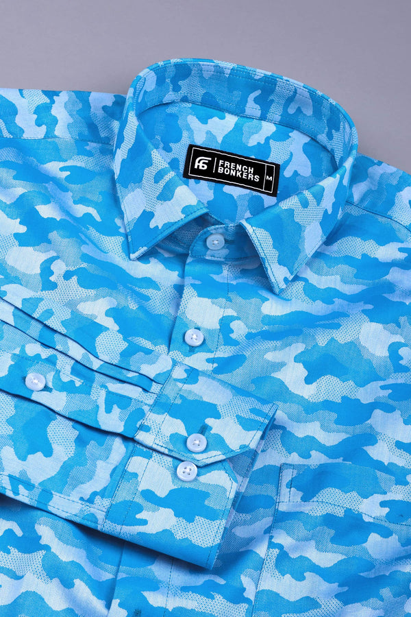 Royal blue floral printed jacquard cotton shirt