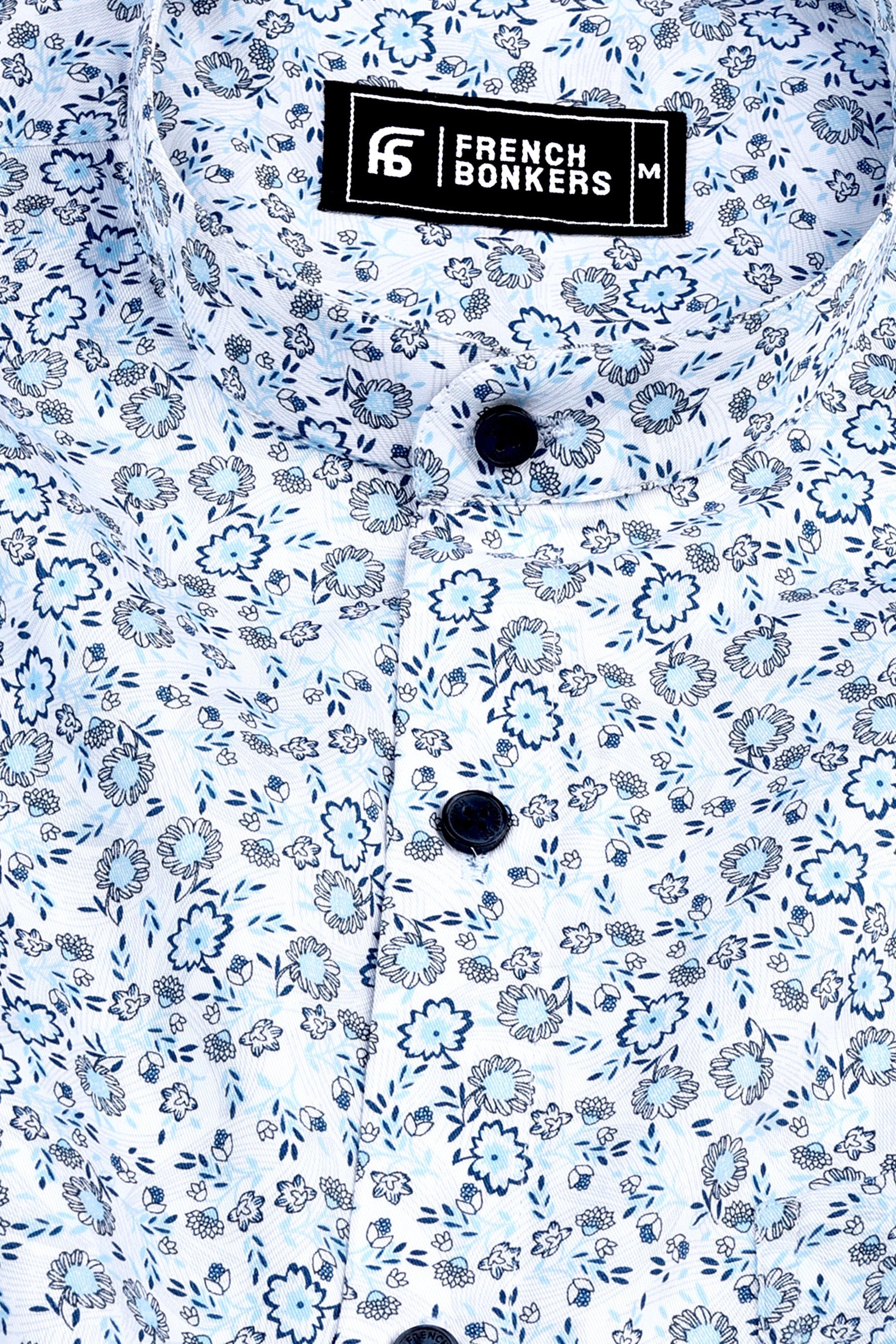 White with blue floral design printed cotton shirt