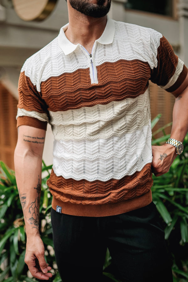 Daisy white With Brown Knitted Cotton Zipper Polo T-Shirt
