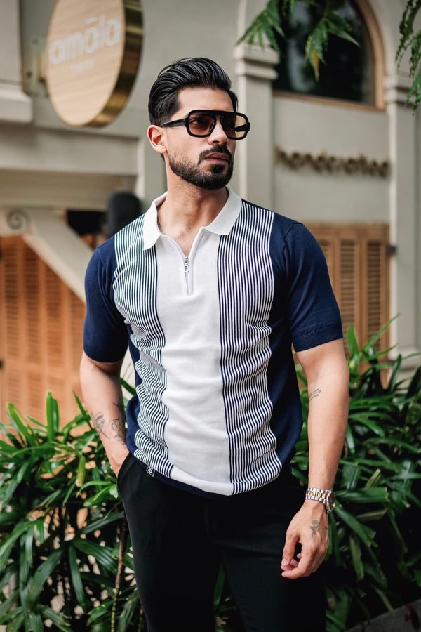 Rexon Blue With White Knitted Cotton Zipper Polo T-Shirt
