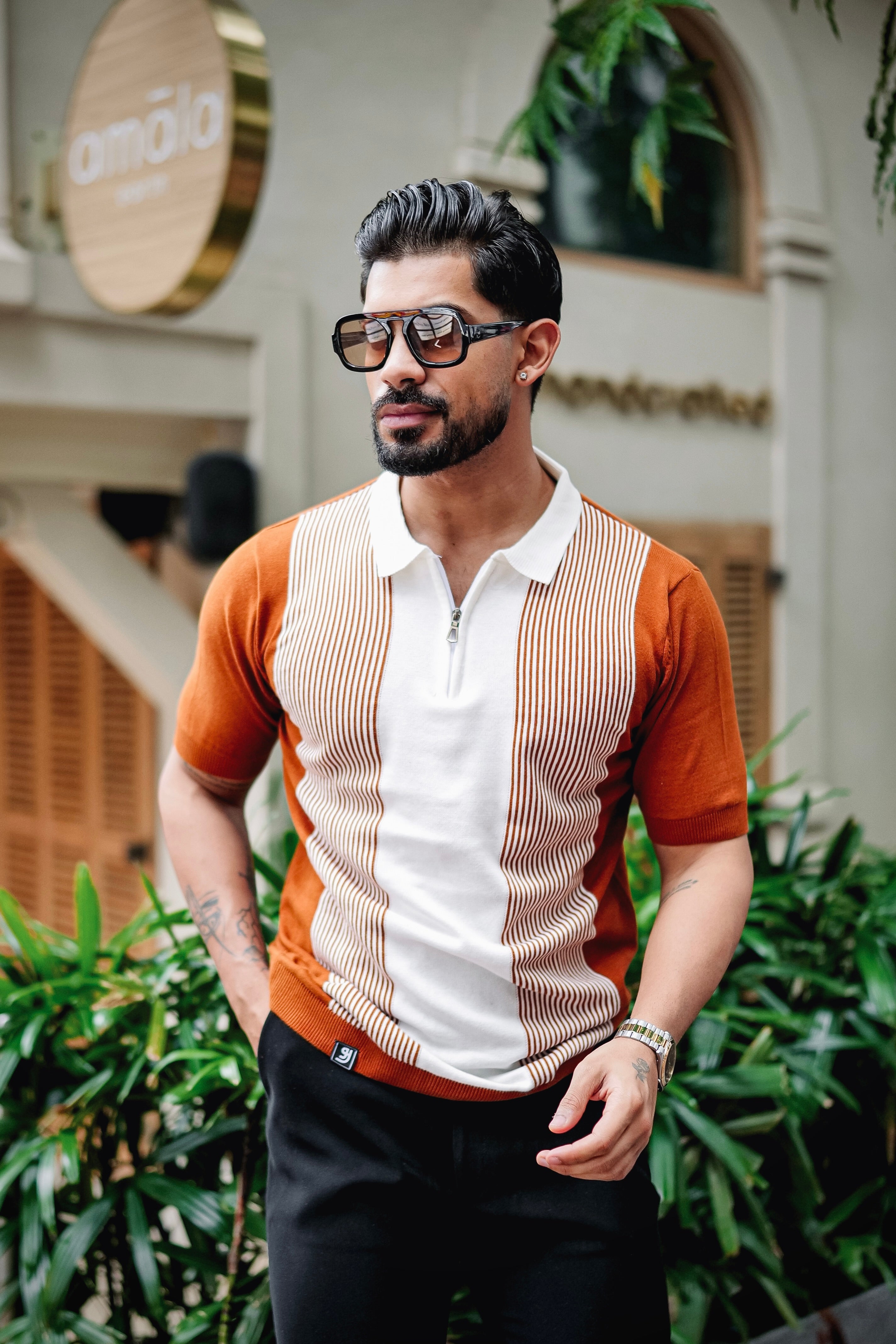 Rexon Orange With White Knitted Cotton Zipper Polo T-Shirt