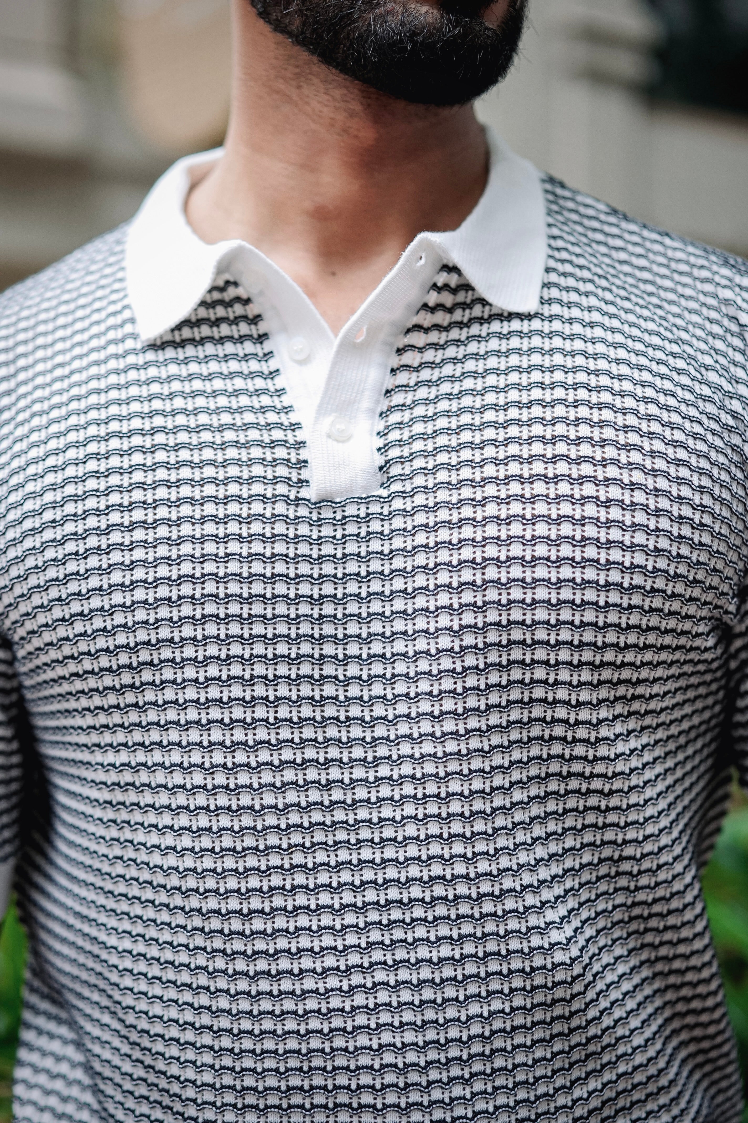 Vellin White With Blue Knitted Cotton Polo T-Shirt