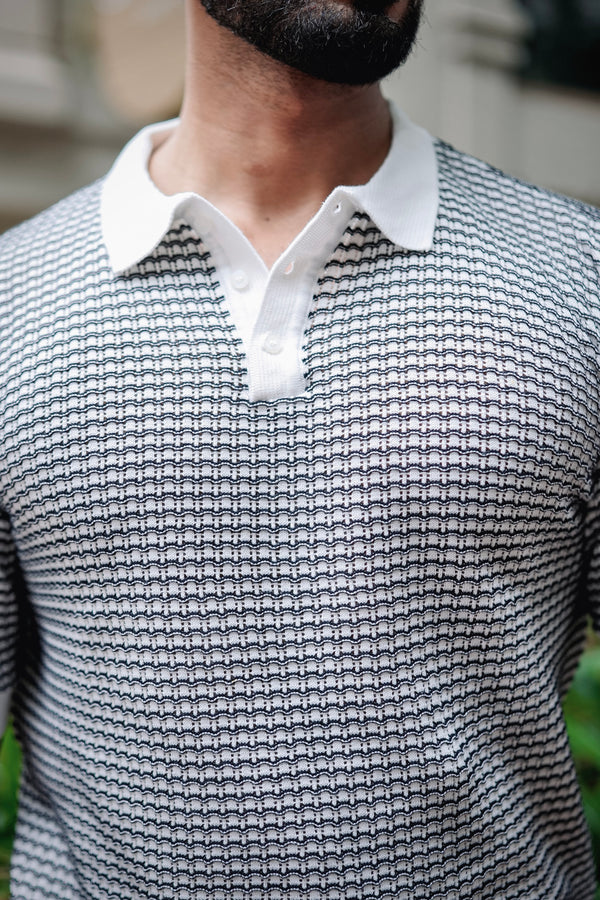 Vellin White With Blue Knitted Cotton Polo T-Shirt