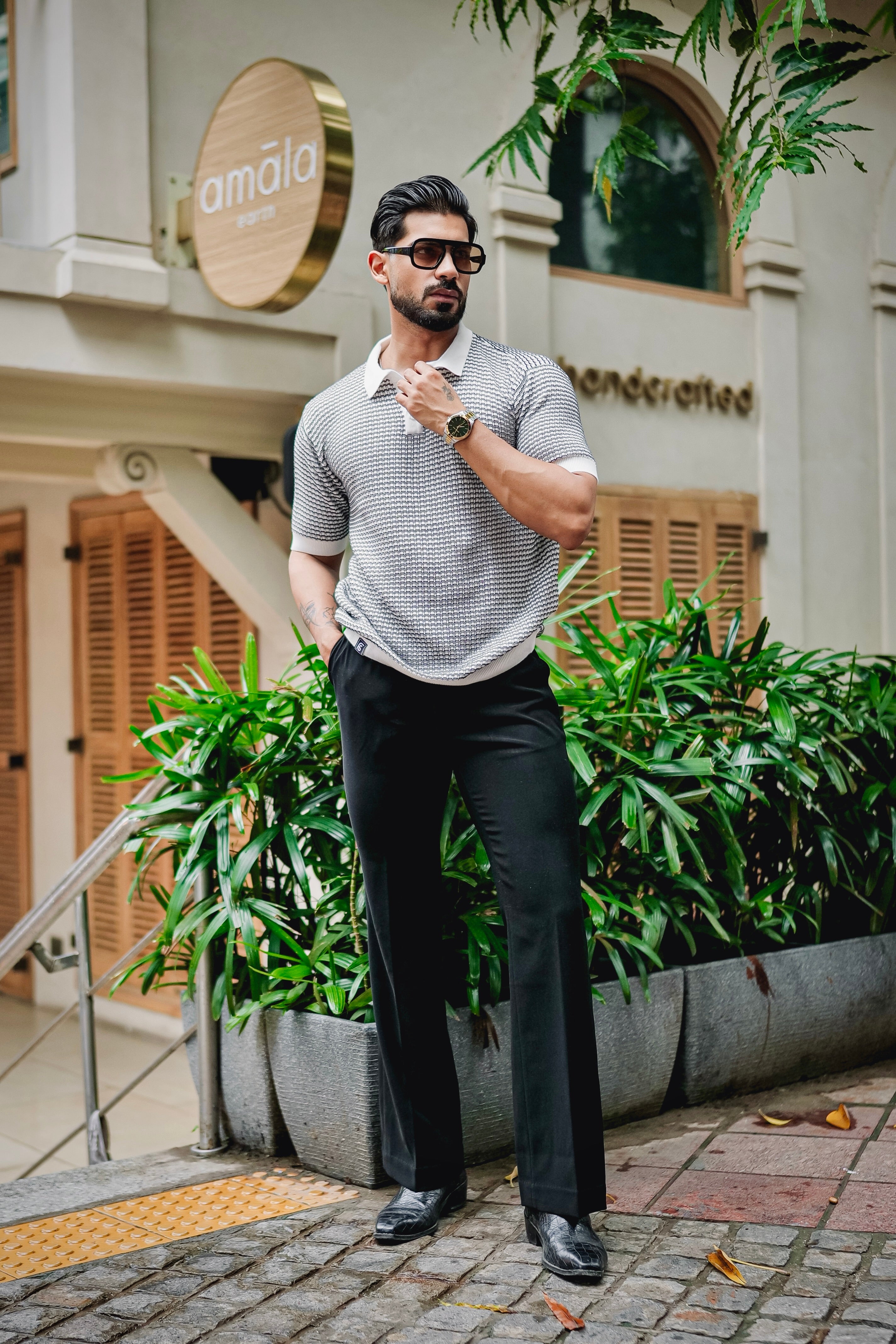 Vellin White With Blue Knitted Cotton Polo T-Shirt