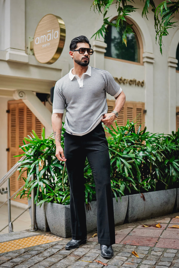 Vellin White With Blue Knitted Cotton Polo T-Shirt