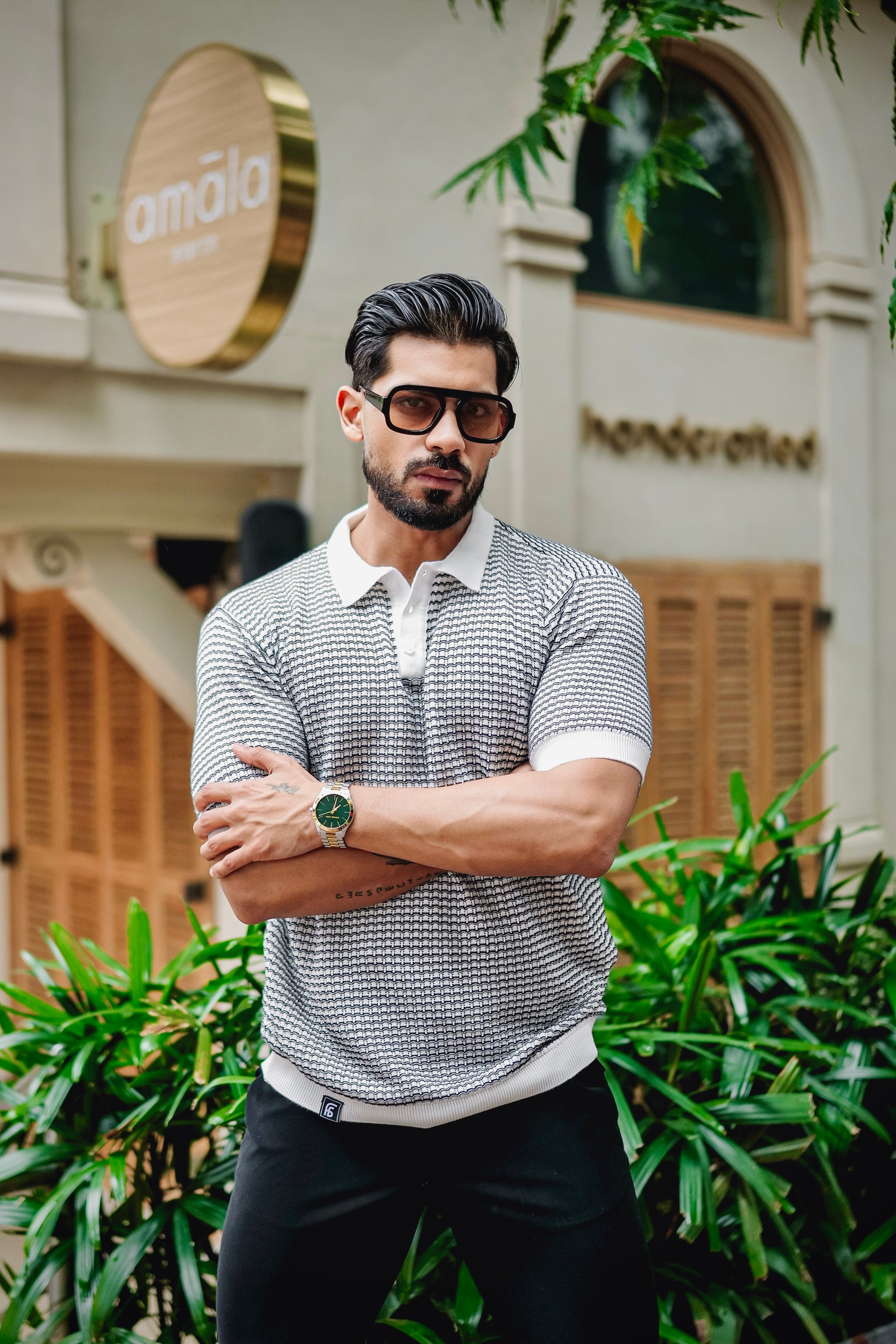 Vellin White With Blue Knitted Cotton Polo T-Shirt