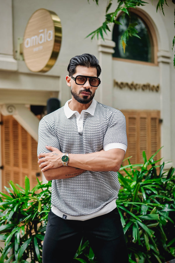 Vellin White With Blue Knitted Cotton Polo T-Shirt